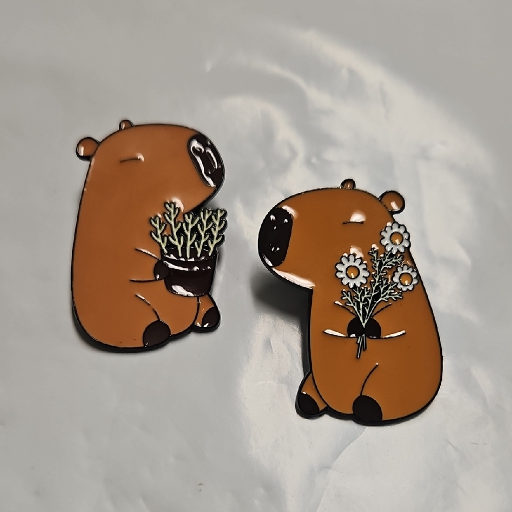 Set Of 2 Plant Lover Capybara Enamel Pins Brooches NWOT